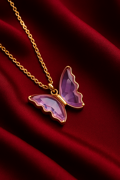 Purple crystal Butterfly Necklace Gold- plated Silver Necklace